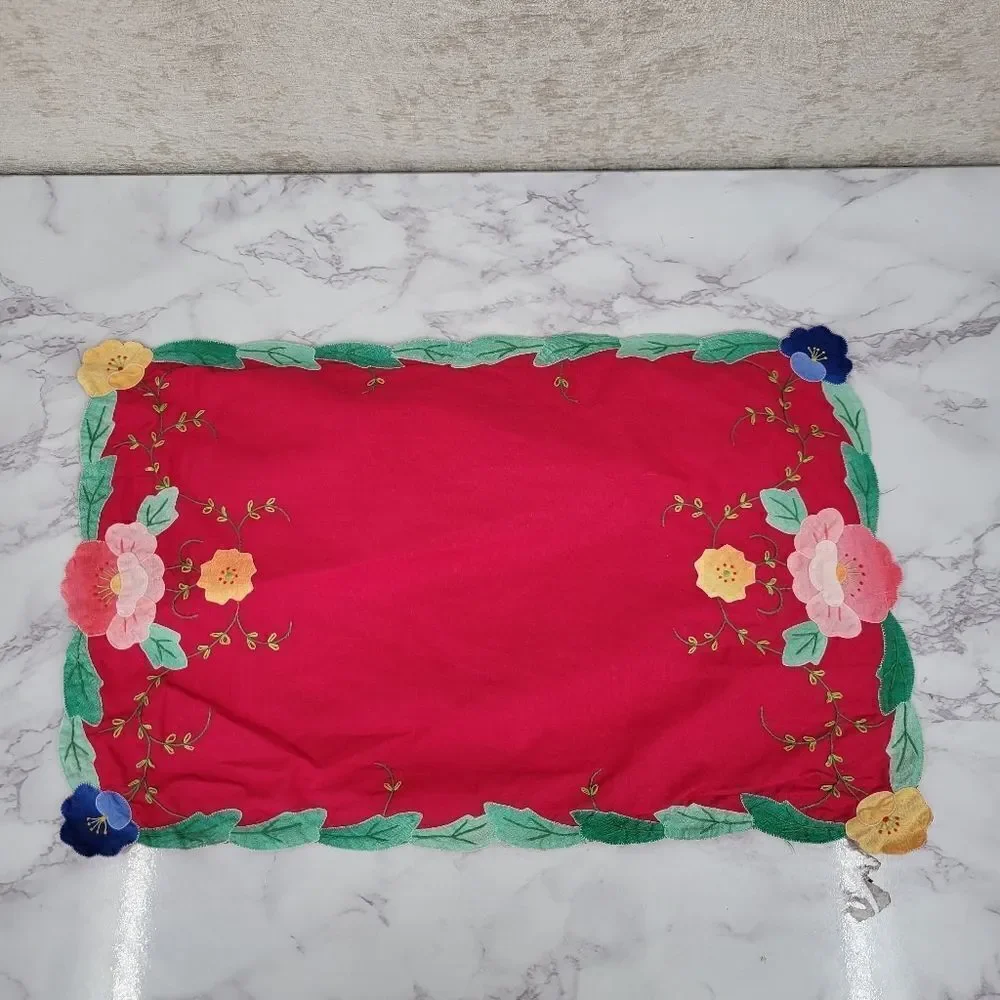 Vintage Placemat Set Red and Blue with Hand Embroidered Flowers Leaves 4pc